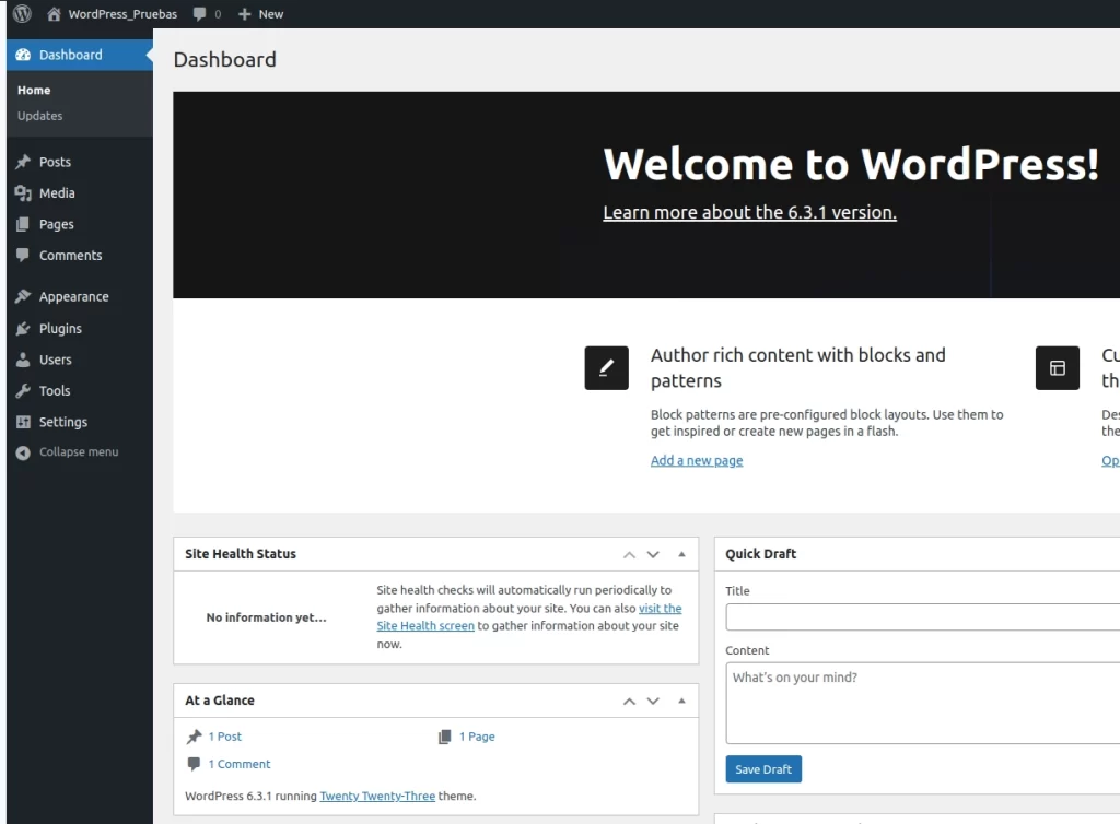 Dashboard de WordPress en Local