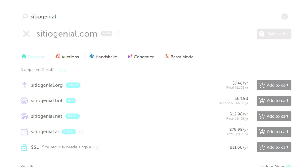 opciones de dominio en namecheap